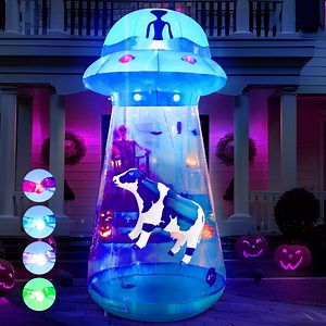 Joyfy 9 FT Halloween Inflatable UFO Alien Decoration with Built-in Color Changing LEDs,UFO Halloween Decorations Outdoor Blow Up Yard Lawn Decoration (Cow Not Included)
