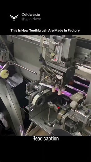 Knowledge Matrix on Instagram: "This video shows an automated industrial machine performing the bristle tufting and trimming steps of toothbrush manufacturing. The machinery inserts pre-cut bundles of nylon bristles into the holes of the pre-molded plastic toothbrush handles using tiny metal staples, then trims them to a uniform length. This is a key stage in the fully automatic production line, which typically follows handle molding and precedes final packaging and quality control. Stay informe