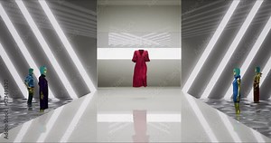 3D Fashion Show. The Invisible Virtual Female Model Walks Down the Runway. A Trendy Pink Dress. Meeting in Virtual Space, Meta Podium Show, Artificial World. Concept of Gamification and Realization of