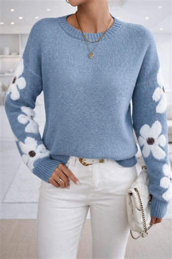 Floral Knit Sweater for Women – Cozy Crew Neck Fall Spring Pullover With Daisy Sleeves, Soft Stretch Sweater, Gift Box Included - Etsy