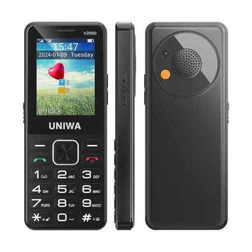 UNIWA V2000 4G Keypad Phone for Elderly with 0.3MP Rear Camera Loud Sound and Flashlight