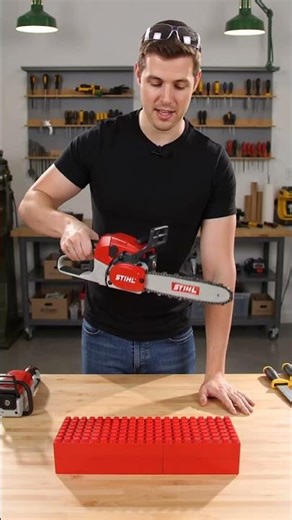 Tiny STIHL Chainsaw vs LEGO Blocks 😳 #chainsaw #experiment #viral