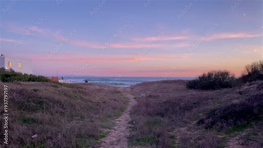 Sandy path winding through coastal dunes towards the ocean with waves under a colorful pink and blue sunset sky