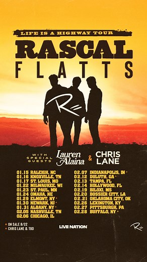 We're not ready to exit the highway just yet! Excited to bring the tour back in 2026 with Lauren Alaina and Chris Lane . Tickets on sale Friday! 🏎️ https://www.rascalflatts.com/tour | Rascal Flatts