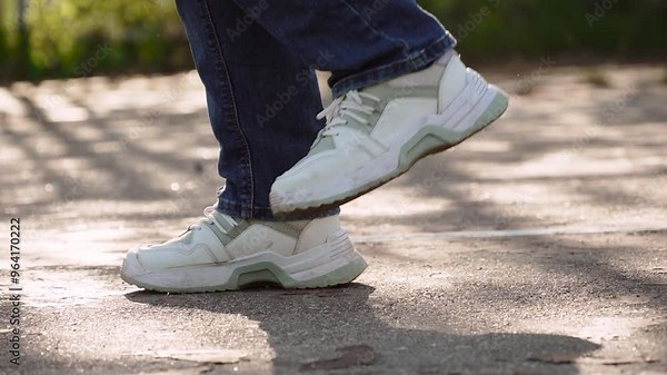 Unrecognizable woman stomps her feet vigorously during workout. Close-up of female feet in sneakers loudly walking in place on asphalt sports ground on sunny day.