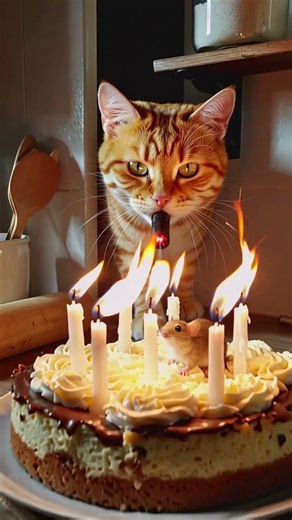 Surprise! "Happy birthday! ... Not!"#cat#funnyanimails#mouse