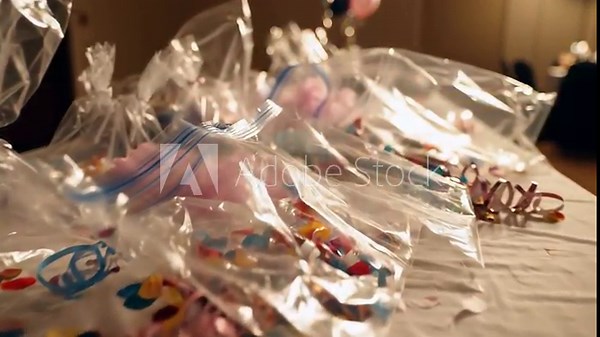 Party favor bags filled with candy and streamers on a table for a celebration event