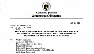 DepEd Memorandum 030, s. 2025 - Application Timeline for the Senior High School Voucher Program and Billing Processing Timelines for GASTPE Programs for the School Year 2025-2026