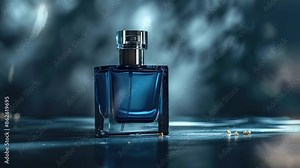 Blue bottle perfume with minimalist blue background. For product promotion, advertisement, copyspace.