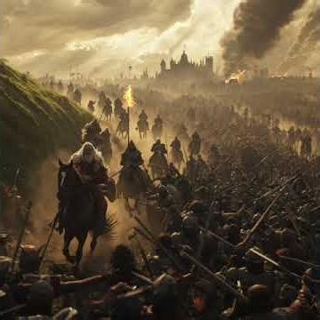 Clashing steel and rising dust as men and orcs collide in an epic battlebeneath a blazing golden sky