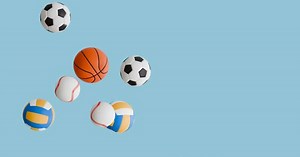 3D animation of balls from various sports, soccer, basketball, tennis, Volleyball, Baseball.