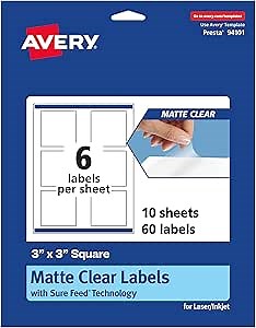 Avery Matte Clear Square Labels, Sure Feed Technology, 3" x 3", 60 Matte Clear Labels, Print-to-The-Edge, Laser/Inkjet Printable