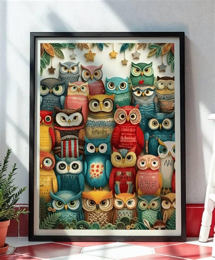 Paper Quilling Owl Wall Print, Colourful Owl Crowd Poster, Whimsical Woodland Nursery Decor, Nature Lover Gift, Vibrant Owls in Forest Art - Etsy
