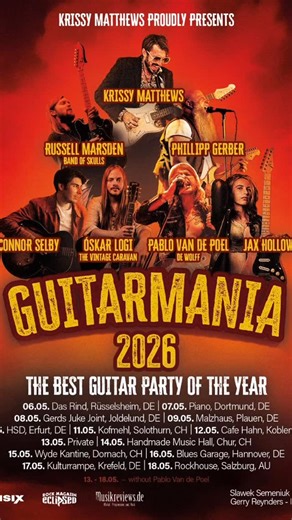 Krissy Matthews on Instagram: "INTRODUCING OUR FIRST ACT OF GUITARMANIA 2026 - @snookstudio (Russell Marsden) It’s an absolute honour to have the incredible Russell Marsden joining us on the Guitarmania 2026 tour in May. It’s going to be an amazing string of shows, so go grab a ticket before they sell out! #russellmarsden #germany #guitar #tour"