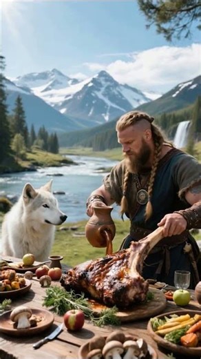 Viking Feast in the Wilderness Warrior Dining with a Wolf by the Mountains