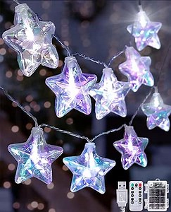 AceList 20 LED Star String Lights, 10ft Iridescent Star Lights with Remote, IP44 Waterproof, 8 Modes USB or Battery Operated Fairy Lights for Bedroom, Christmas, Party Decor (White)