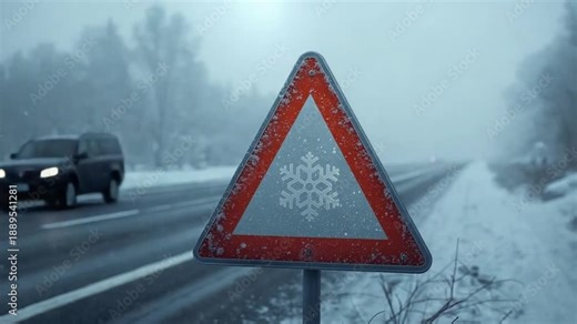 Snowflake Warning Triangle Sign Alerting Dangerous Winter Conditions