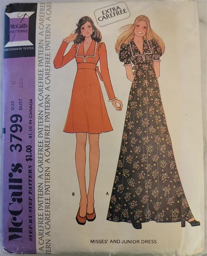 70s Maxi Dress Pattern – Vintage Mccalls 3799 Empire Waist Dress, Size 11 PRE-CUT COMPLETE - Etsy