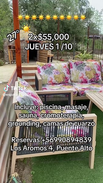 Hola, ✨ ¡Regálate una experiencia de bienestar única con nuestro servicio de spa TODO INCLUIDO!✨ (sin habitaciones) 🌿 Masajes relajantes 30 min. 💨 Sauna 🛁 Tinaja privada 1 hora 🪨 Camas de cuarzo 🌈 Cromoterapia 🌍 Grounding (conexión a tierra) 🥤 2 jugos de cortesía Precios: Jueves y Viernes 2x$55,000 Sáb, Dom y feriados 2x$65,000 FECHAS DISPONIBLES (Cada cupo es para 2 personas). Capacidad máxima 8 parejas. Jueves 1 de 16-21 hrs 3 cupos Viernes 2 de 16-21 hrs 2 cupos Sábado 3 de 10-15 hrs 2
