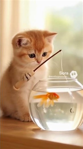 🎣 patient little fisher 😺 | baby cat and her tiny fish friend