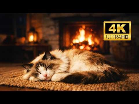 11 Hours of Cat Purring for Deep Sleep 🐱 Fireplace Ambience & Anxiety Relief