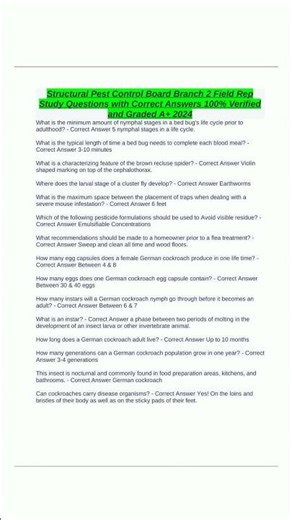 Structural Pest Control Board Branch 2 Field Rep Study Questions with Correct Answers 100 Verified a