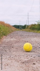 Vertical shot of a yellow tennis ball bouncing on the ground