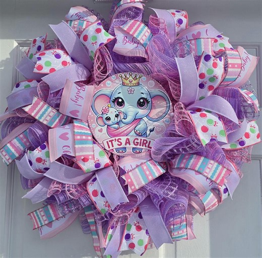 Handmade Large Full Welcome Baby Wreath "its a Girl" Deco Mesh Pink Purple Wired Ribbon Multi Colored Door & Wall Decor, 24-in - Etsy