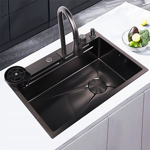 [Hot Item] Modern Intelligent Multifunctional Black Stainless Steel Workstation Rainwater Faucet Glass Washer Waterfall Kitchen Sink with Cup Washer