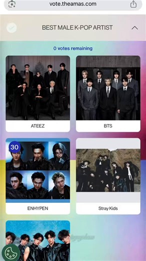 #ENHYPEN is nominated for Best Male K-Pop Artist at the AMAs 2026! 🎉Voting is now open, see the tutorial and instructions below to learn how to vote.🗓️: May 9, 4:00 AM KST🗳: https://t.co/Vy40a6rLt7 🗳️: https://t.co/rtaU9zgsSG