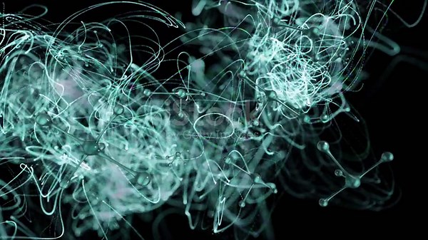 Animation of molecules and green shapes on black background. global...