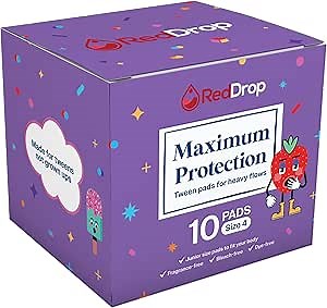 RedDrop Maximum Protection Tween Pads (10 Pack) - Pre-Teen Pads for Girls Ages 11-14 - Super Absorbent with Wings - Overnight for Tweens