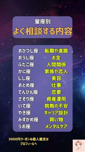 【星座別】よく相談する内容｜転職・お金・恋愛・メンタルまで12タイプ早見表#星座 #12星座 #相談 #占い #転職 #お金 #恋愛 #人間関係 #メンタルケア #資産運用 #新NISA #キャリア