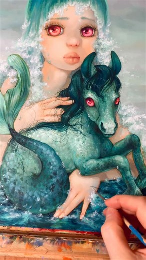 Camilla d'Errico - Pop Surrealist Painter on Instagram: "Lesson of the day: if do not pet I water horses, no matter how cute 🐴💦 That, my friends, is a Kelpie. That is Danger. That is IT level run. ⚡💨 Here’s my painting, “My Little Maneater”, to commemorate this cautionary tale 🎨✨—for anyone tempted to get too close to water horses consider this a friendly warning… curiosity can bite!😉 • • #camilladerricoart #wip #waterhorses"