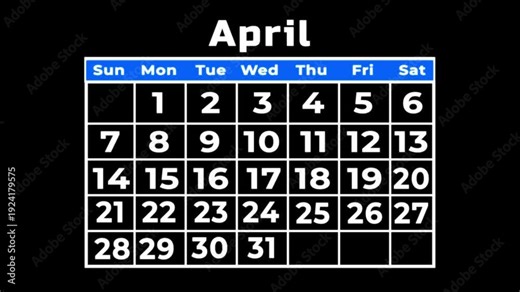 A clean and simple representation of the month of april displayed on a calendar grid with black background.