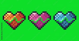 Green screen of heart with beat,Heart icon bits pixel slowly appeared and dissappeared. Simple animation from pixel dots form sets of Heart beat icon . Usefull for game asset or design asset animate.