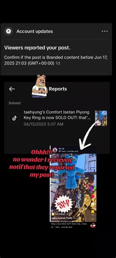 No wonder I received a notification that my post about the Isetan Comfort keychain was reported! Seriously, what is it about this plushie that has them so pressed? Is it because it's the very symbol that shatters their delusion? Funny how a tiny keychain—spotted with both Taehyung and Jungkook—sends certain people spiraling so hard they resort to mass reporting. If it's really that harmless, why so threatened? Let it be known: the truth doesn't need to scream—its quiet presence alone causes eart