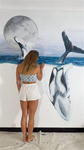 Demi-Rose Allaway on Instagram: "The Moon in Her Eye 🐋 🌑 Second Whale Mural Reveal. I lost time with this one. Everything is free hand, I see an image I’m inspired by, and translate that to the wall. Catch me working into the early hours of the morning for something I love. Did I do the reference photo justice? #whalemural #australianartist #oceanmuralartist #oceanart #oceanmural"
