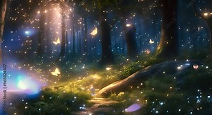 An amazing magical night fairy forest full of mystical lights fireflies and fairies 4k animation