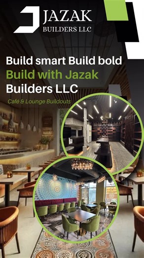 Jazak Builders LLC. on Instagram: "Build smart. Build bold. At Jazak Builders LLC, we specialize in café and lounge build-outs that are designed for functionality, aesthetics and business growth. From concept to completion, we build commercial spaces that elevate your brand. 📞 Get in touch with Jazak Builders LLC to start your next commercial build-out. #jazakbuildersllc #CommercialBuildouts #CafeBuildouts #LoungeInteriors #RestaurantConstruction #HospitalityDesign #FitOutExperts #InteriorBuild