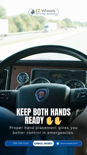 1K views · 11 reactions | Hands Ready ✋✋ Description: Proper hand placement improves control and reaction time. Staying ready helps you handle emergencies with confidence and precision. Hashtags: #DrivingControl #CDLDriving #TruckDriverSkills #RoadSafety #CDLTraining | E-Z Wheels Driving School | Facebook
