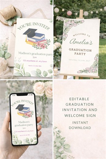 Botanical Graduation Invitation Template, Sage Green Floral Party Invite (Digital Download)