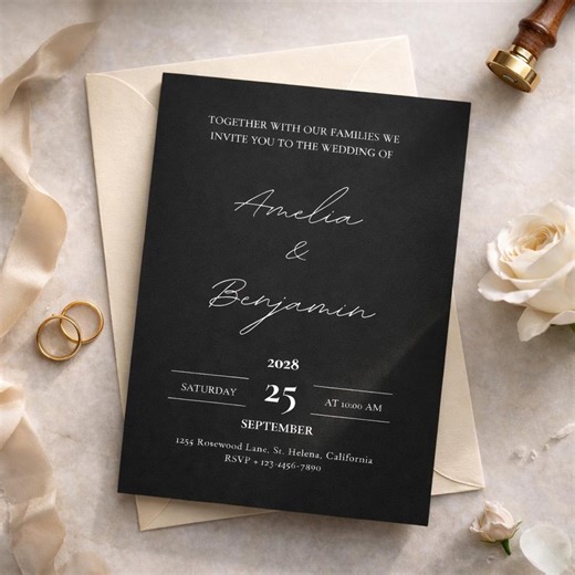 Black Wedding Invitation Template Editable Canva Minimalist Modern Elegant Printable Invite - Etsy