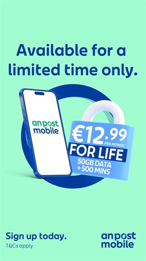 4 comments | The €12.99 monthly prepay plan from A Post Mobile is back!  Get 50GB data, 500 any network mins plus 300 mins & 300 texts between An Post Mobile customers, all for only €12.99 per month. The price is guaranteed for life! With 99% 4G nationwide network coverage and no bills, contracts or price increases. This offer is available for a limited time only. Sign up today at anpost.com/mobile or at your local post office. | An Post | Facebook