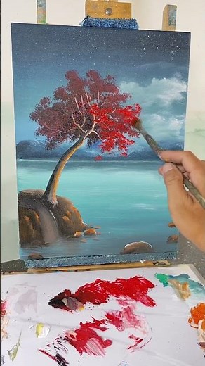 Night Landscape Painting 🌙 Red Tree by Waterfall | Easy Acrylic Art Tutorial