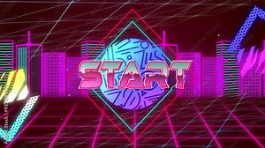 Animating text over neon cityscape with geometric shapes in vibrant colors Stock Video