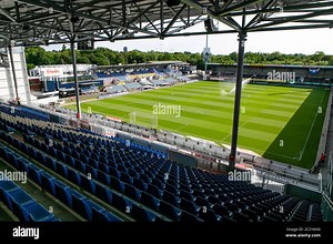 Kiel, Germany. 18th June, 2020. Football, 2nd Bundesliga, Holstein Kiel - Dynamo Dresden, 32nd matchday: View from the empty east stand onto the turf of the Kiel stadium. Credit: Frank Molter/dpa - IMPORTANT NOTE: In accordance with the regulations of the DFL Deutsche Fußball Liga and the DFB Deutscher Fußball-Bund, it is prohibited to exploit or have exploited in the stadium and/or from the game taken photographs in the form of sequence images and/or video-like photo series./dpa/Alamy Live News