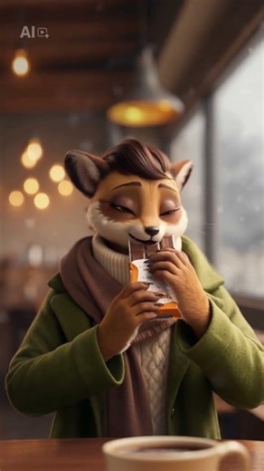 Fictional mongoose furry girl eating a generic king size candy bar in a coffee shop