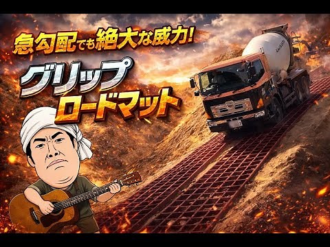 急勾配の下り坂を安全に走行するミキサー車 ロードマット 勾配きちーぞ