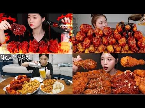 ASMR Korean Fried Chicken Mukbang 🍗 Yangnyeom & Spicy Buldak Chicken Eating Sounds | No Talking 🔥
